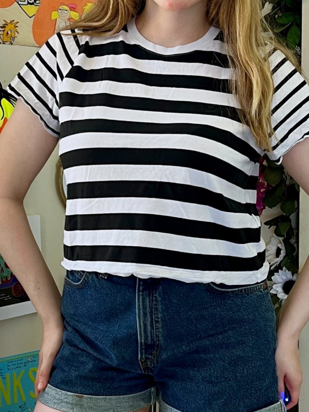 Madewell Boxy Crop Tee Size Medium Black and White Striped